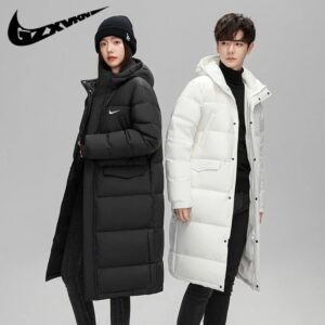 nike men's winter long down coat+white and black