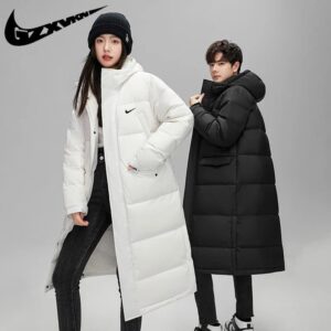nike men's winter long down coat+white and black