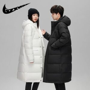 nike men's winter long down coat+white and black