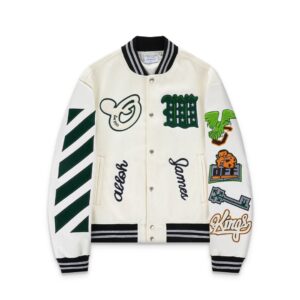off white embroidered varsity jacket, multicolor