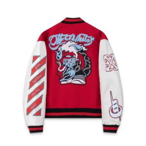 off white scorpion varsity jacket red