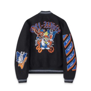 off white cartoon varsity jacket black