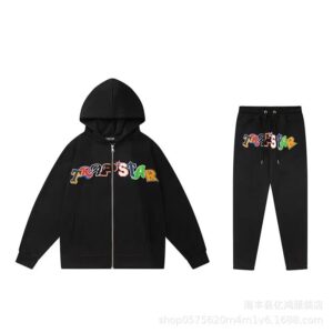 trapstar rainbow embroidered hoodie set black