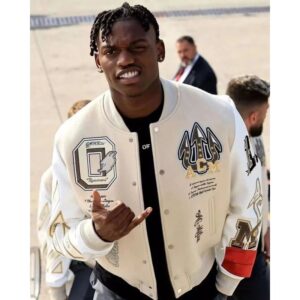 off white embroidered varsity jacket beige