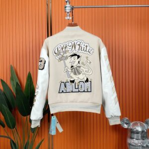 off white embroidered varsity jacket beige