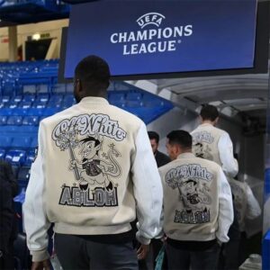 off white embroidered varsity jacket beige