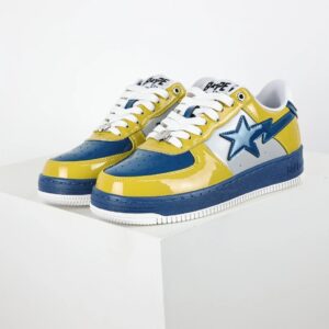 a bathing ape sta low sneaker in yellow and blue