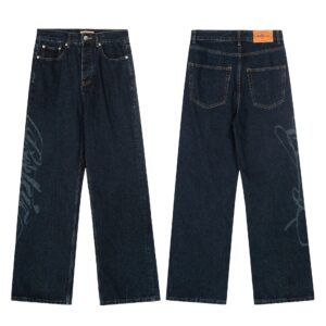 corteiz vintage wash distressed lettering print jeans blue & black, unisex