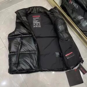 prada black winter vest with red trim