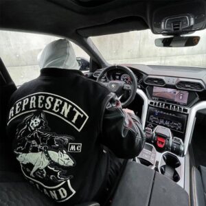 represent leather sleeve varsity jacket