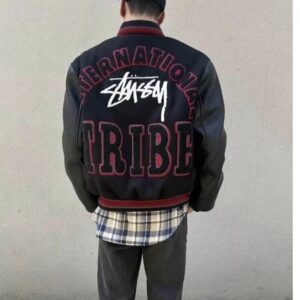 stussy embroidered varsity jacket black