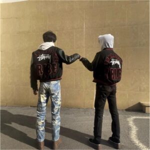 stussy embroidered varsity jacket black