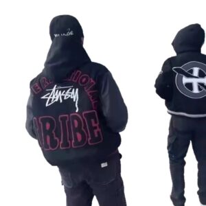 stussy embroidered varsity jacket black