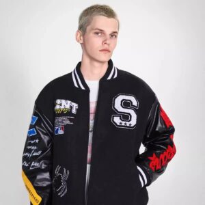 saint leather sleeves varsity jacket