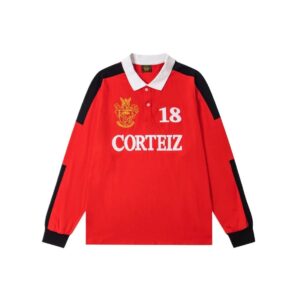 corteiz red collared long sleeve tee