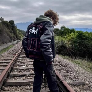 stussy embroidered varsity jacket black