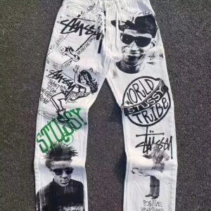 stussy unisex graffiti print flare leg jeans white