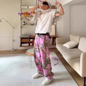 stussy unisex camo jeans loose straight leg pants（pink/white）