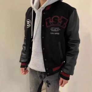 stussy embroidered varsity jacket black