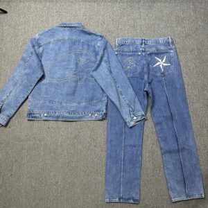corteiz new arrival star y embroider american retro casual denim jacket and pants set​