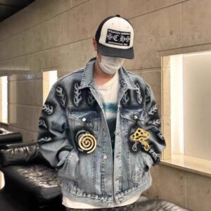 stussy artistic graffiti denim jacket multicolor