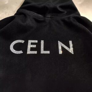 celine letter rhinestone hoodie black