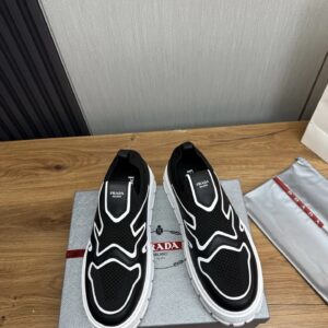 prada leather knit fabric slip on sneakers black white