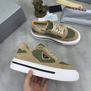 prada downtown suede and re nylon sneakers brown green