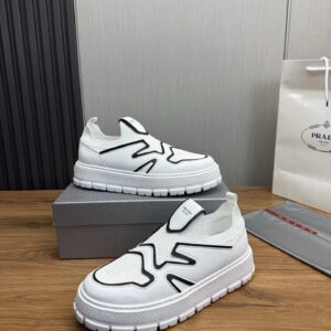prada leather knit fabric slip on sneakers white black
