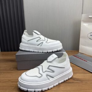 prada leather knit fabric slip on sneakers white grey