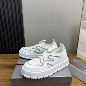 prada leather knit fabric slip on sneakers white grey