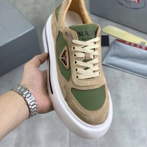 prada downtown suede and re nylon sneakers brown green