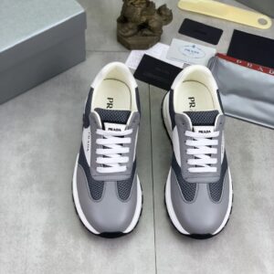 prada prax leather knit fabric sneakers grey white