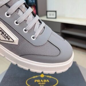 prada leather knit fabric sneakers gray white