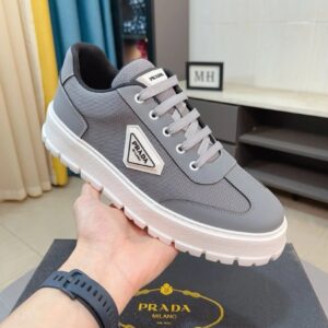 prada leather knit fabric sneakers gray white