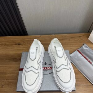 prada leather knit fabric slip on sneakers white grey