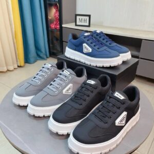 prada leather knit fabric sneakers gray white