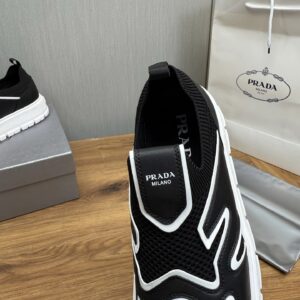 prada leather knit fabric slip on sneakers black white