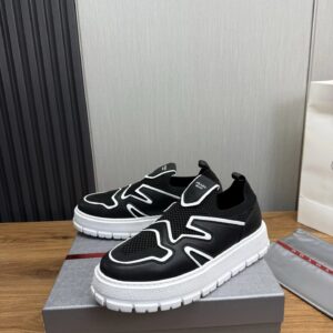prada leather knit fabric slip on sneakers black white