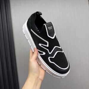 prada leather knit fabric slip on sneakers black white