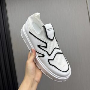 prada leather knit fabric slip on sneakers white black