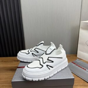 prada leather knit fabric slip on sneakers white black