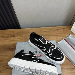 prada leather knit fabric slip on sneakers black white