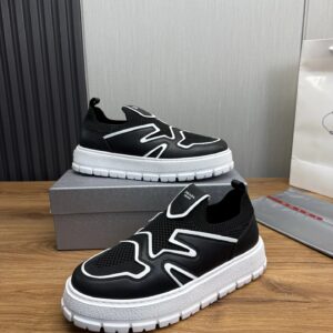 prada leather knit fabric slip on sneakers black white