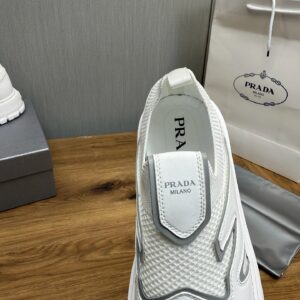 prada leather knit fabric slip on sneakers white grey