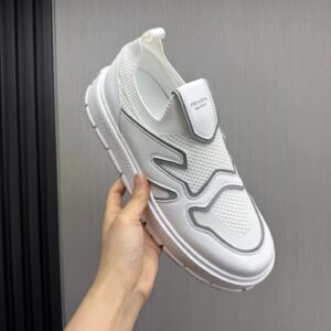 prada leather knit fabric slip on sneakers white grey