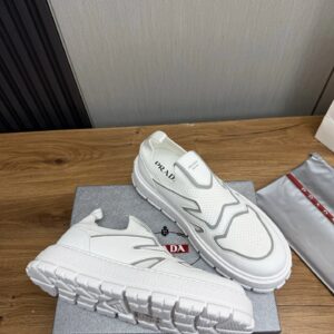 prada leather knit fabric slip on sneakers white grey