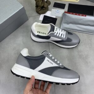 prada prax leather knit fabric sneakers grey white