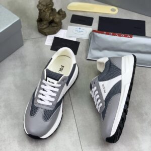 prada prax leather knit fabric sneakers grey white