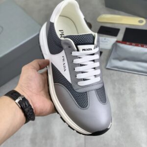 prada prax leather knit fabric sneakers grey white